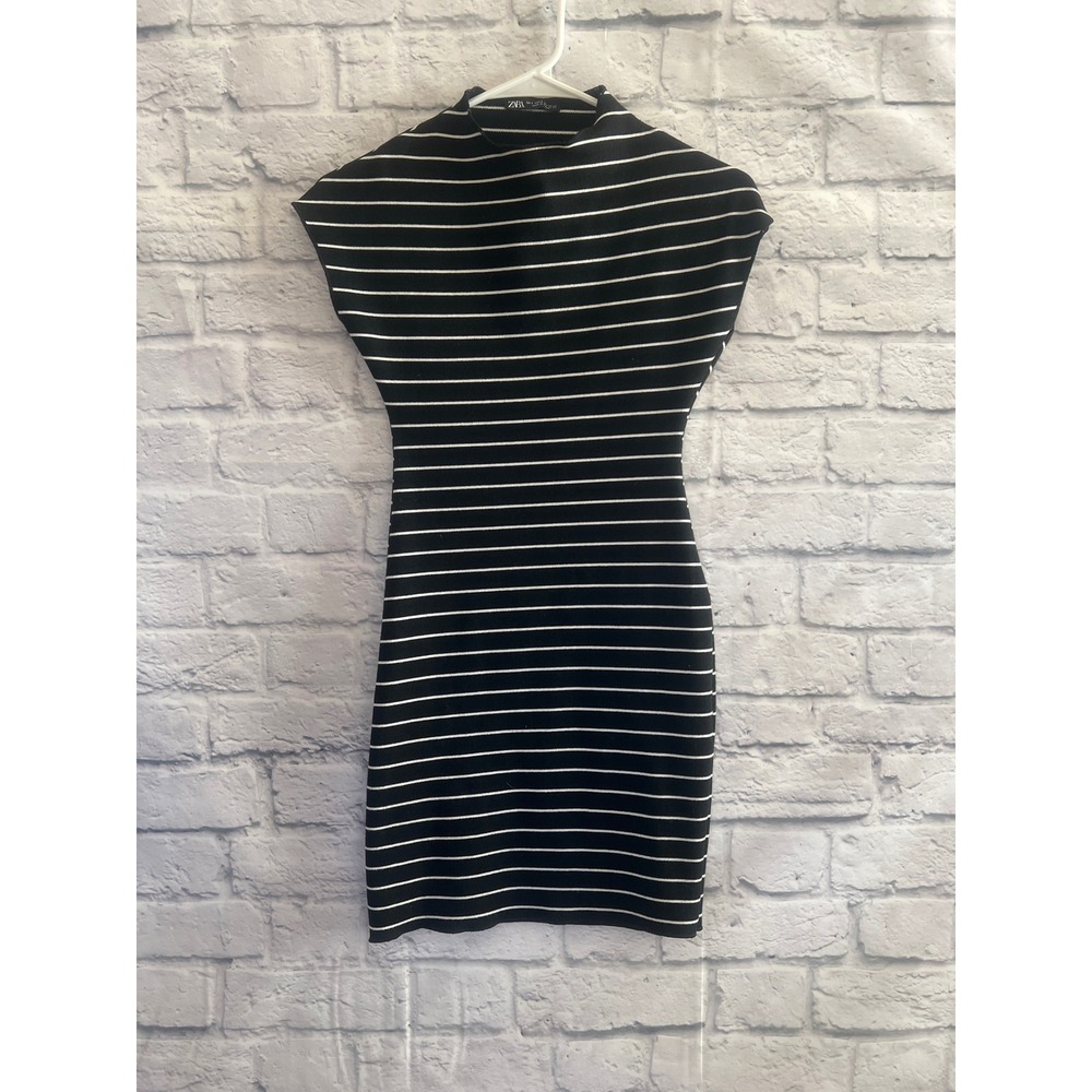 Zara Black White Striped Mock Neck Knit Bodycon Mini Dress Small
